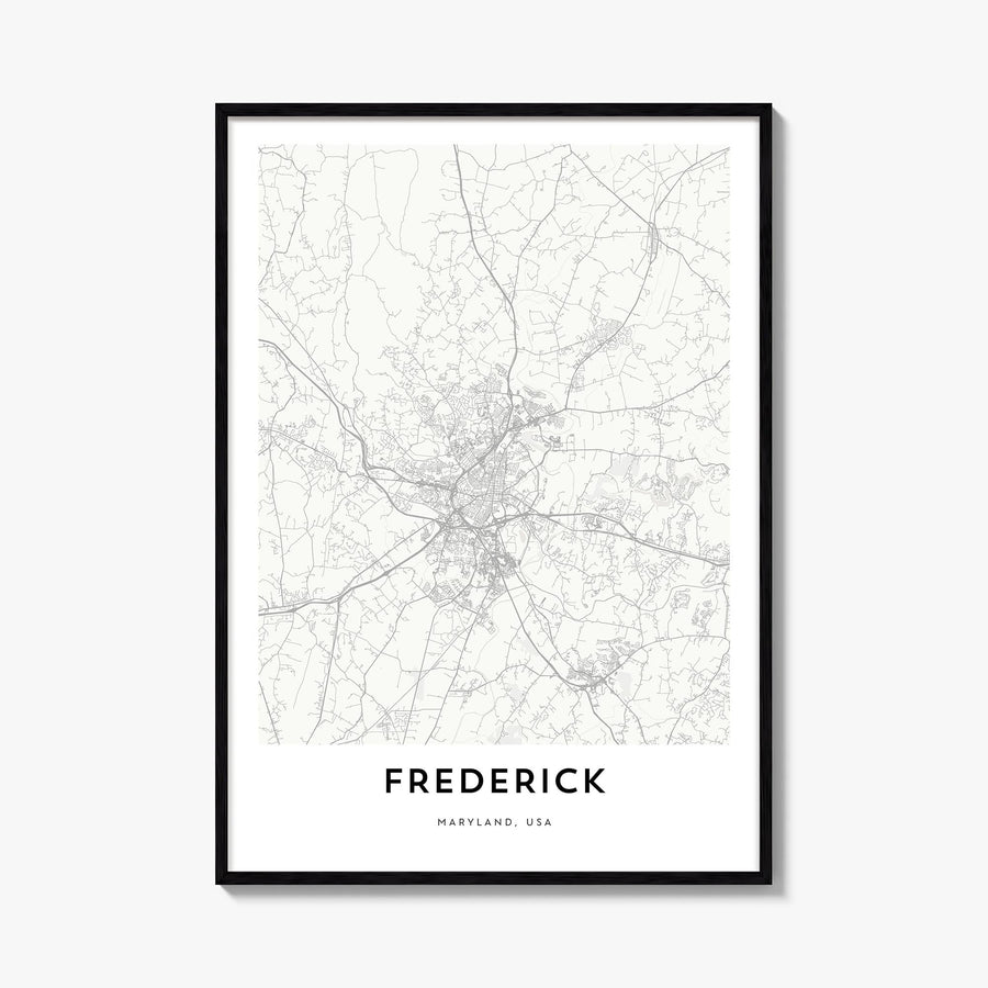 Frederick black & white map poster of Maryland, USA – vertical wall art, unframed print shown in interior mockup