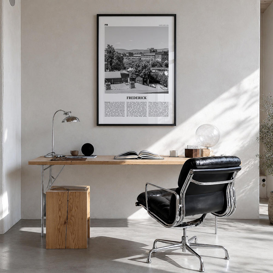 Frederick black & white newspaper poster of Maryland, USA – vertical wall art in black wood frame, hanging on wall