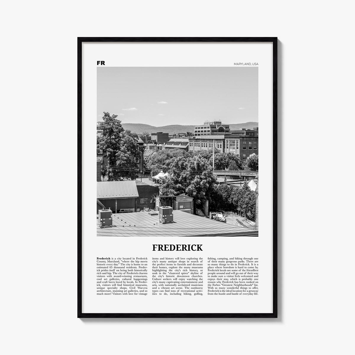 Frederick black & white newspaper poster of Maryland, USA – vertical wall art, unframed print shown in interior mockup