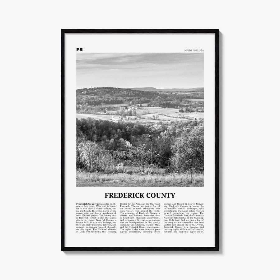Frederick County black & white newspaper poster of Maryland, USA – vertical wall art, unframed print shown in interior mockup