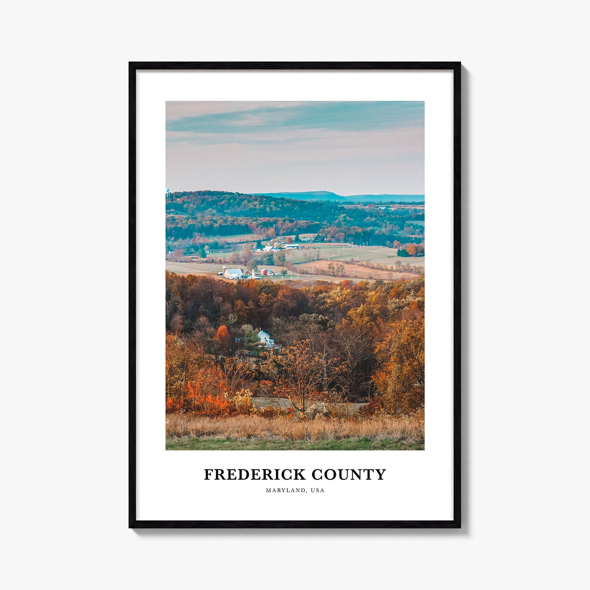 Frederick County colorful classic poster of Maryland, USA – vertical wall art, unframed print shown in interior mockup