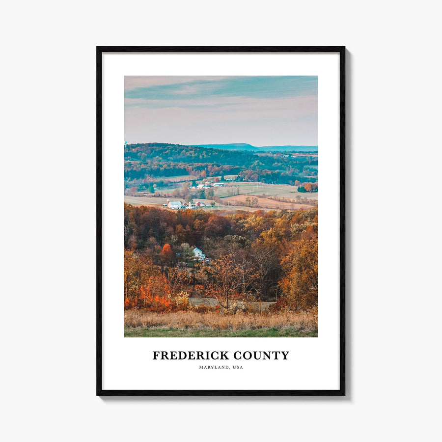 Frederick County colorful classic poster of Maryland, USA – vertical wall art, unframed print shown in interior mockup