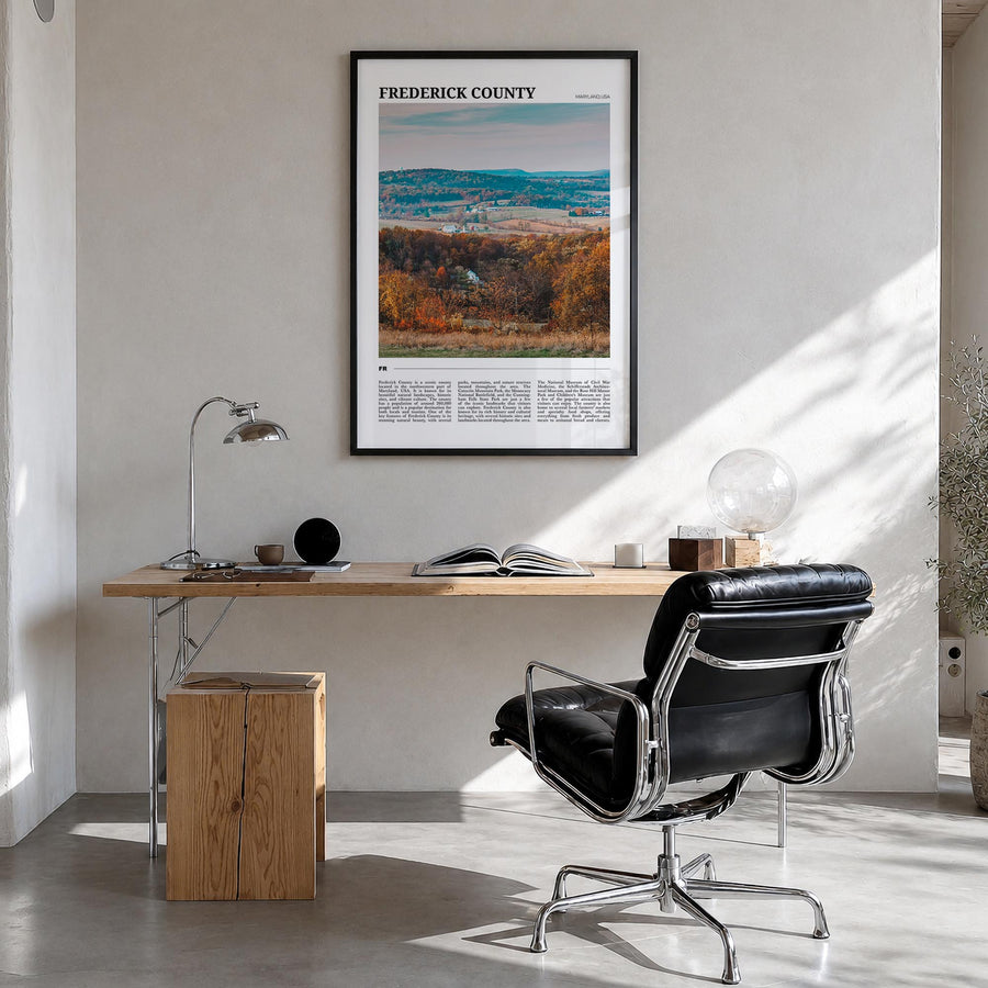 Frederick County colorful travel poster of Maryland, USA – vertical wall art in black wood frame, hanging on wall