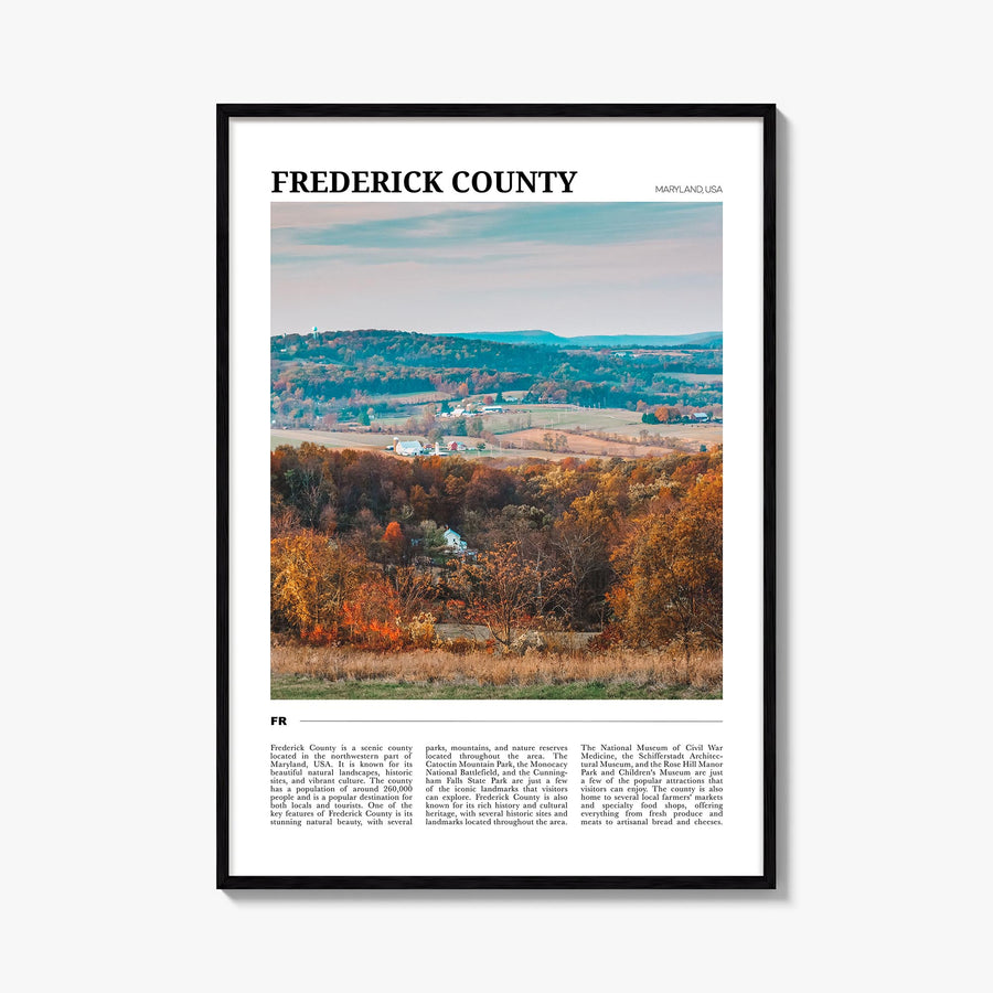 Frederick County colorful travel poster of Maryland, USA – vertical wall art, unframed print shown in interior mockup