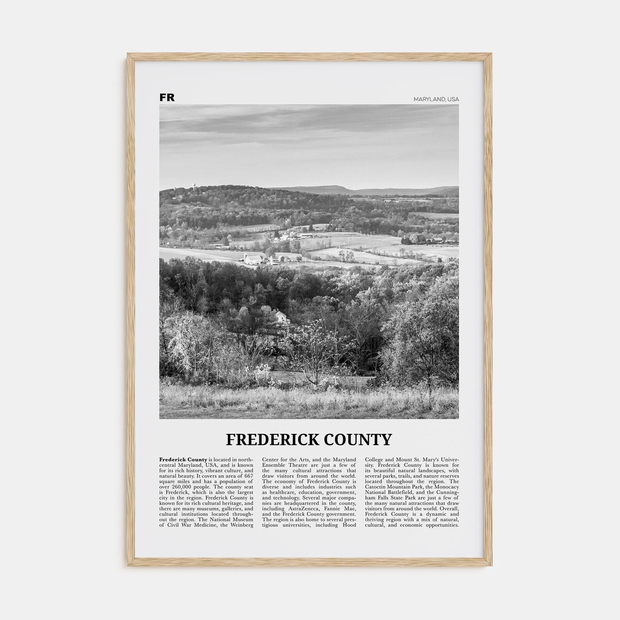 Frederick County Poster Natural Wood / 8x12 in Nbourhood Travel B&W Poster