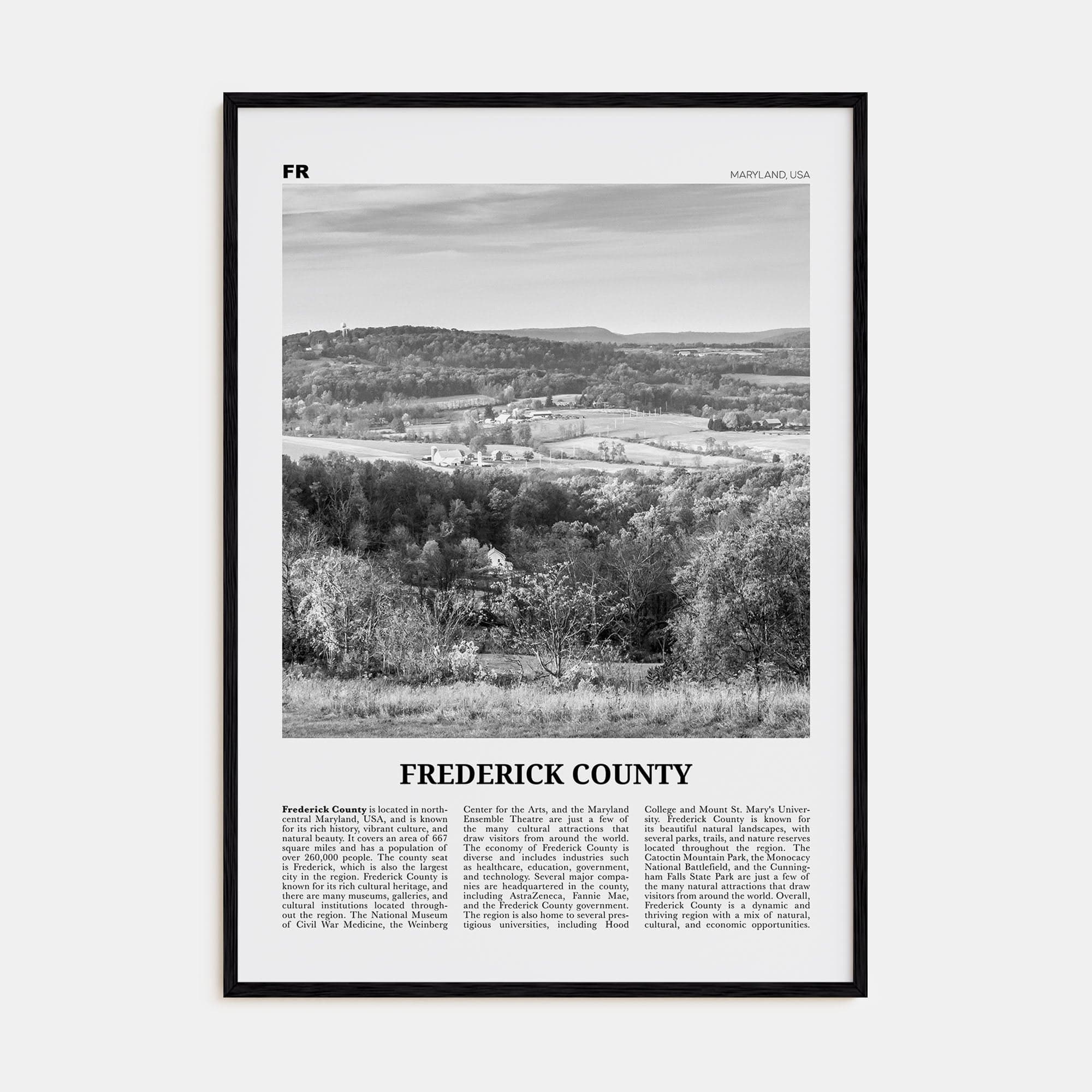 Frederick County Poster Black Wood / 8x12 in Nbourhood Travel B&W Poster