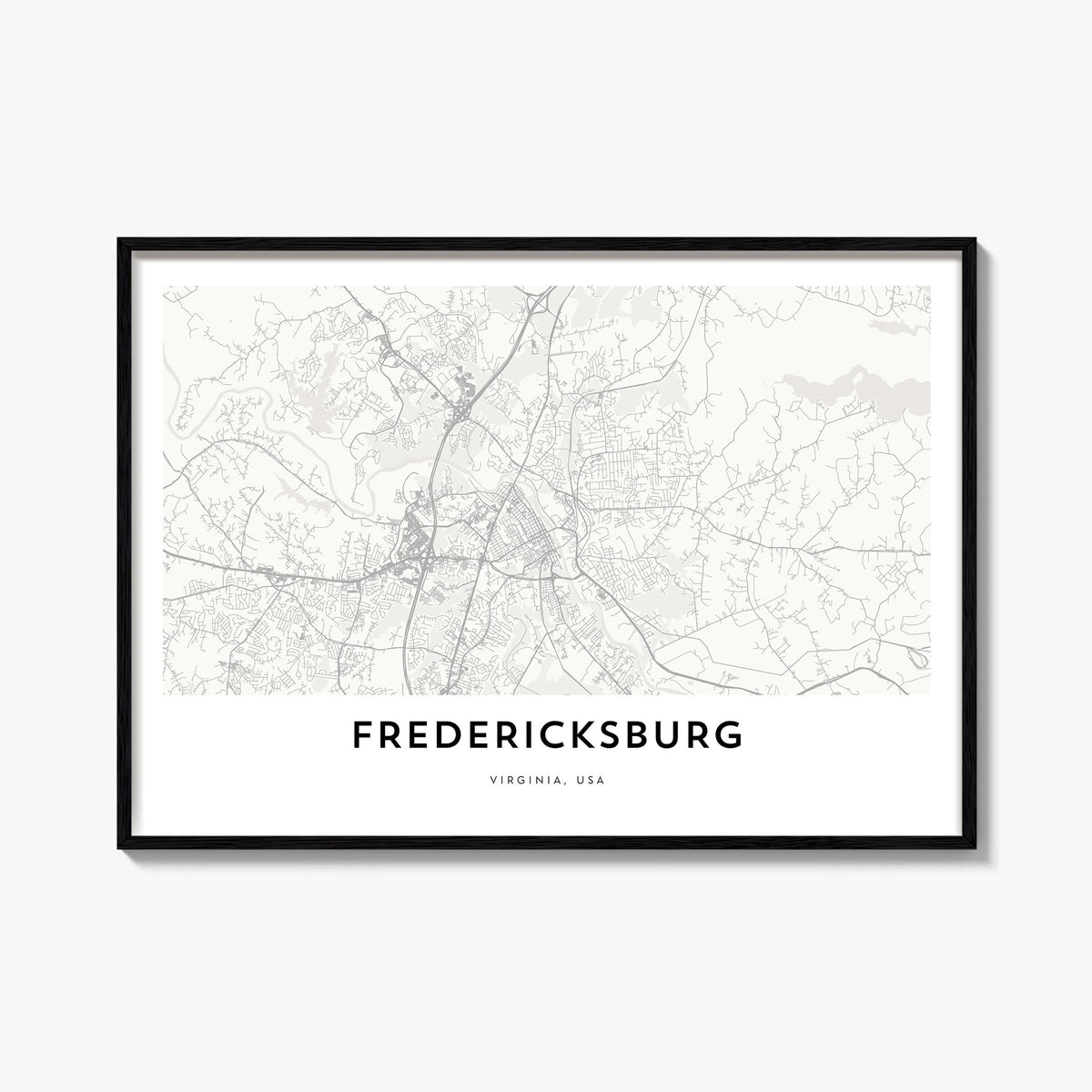 Fredericksburg black & white map poster of Virginia, USA – horizontal wall art, unframed print shown in interior mockup