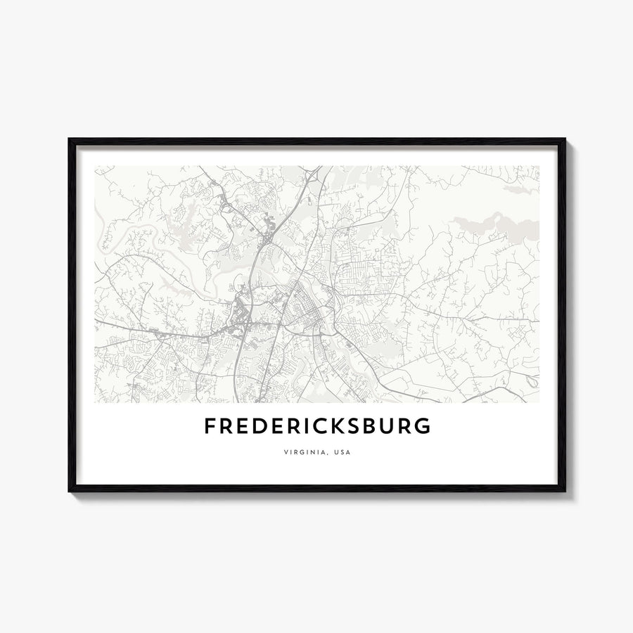 Fredericksburg black & white map poster of Virginia, USA – horizontal wall art, unframed print shown in interior mockup
