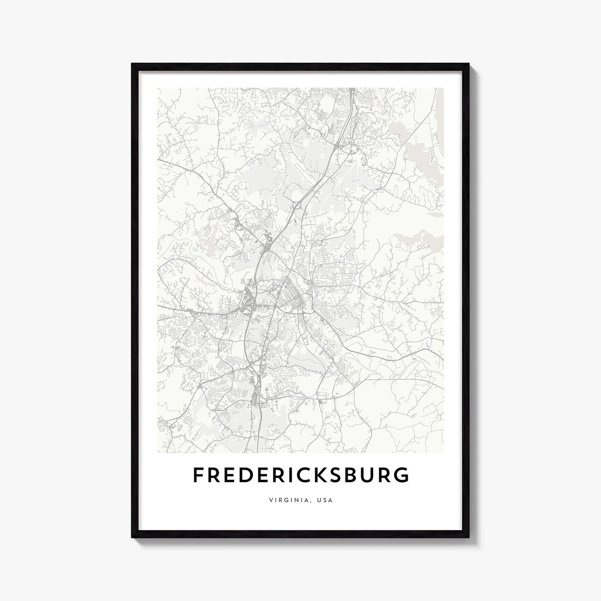 Fredericksburg black & white map poster of Virginia, USA – vertical wall art, unframed print shown in interior mockup