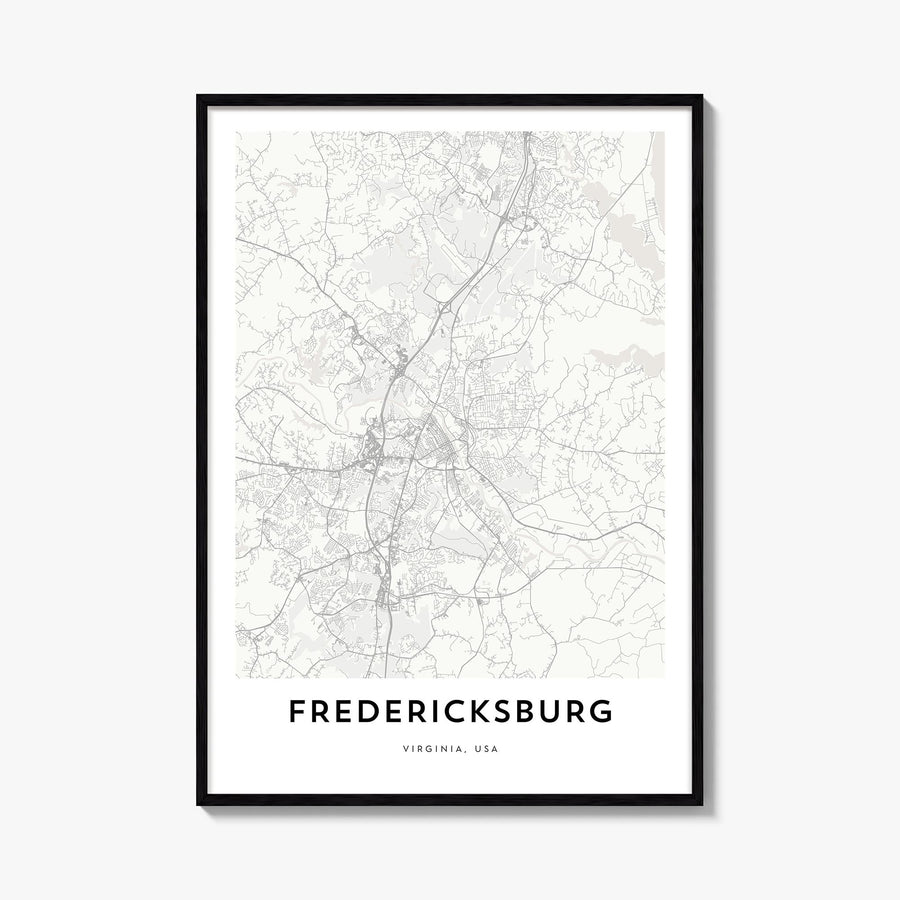 Fredericksburg black & white map poster of Virginia, USA – vertical wall art, unframed print shown in interior mockup