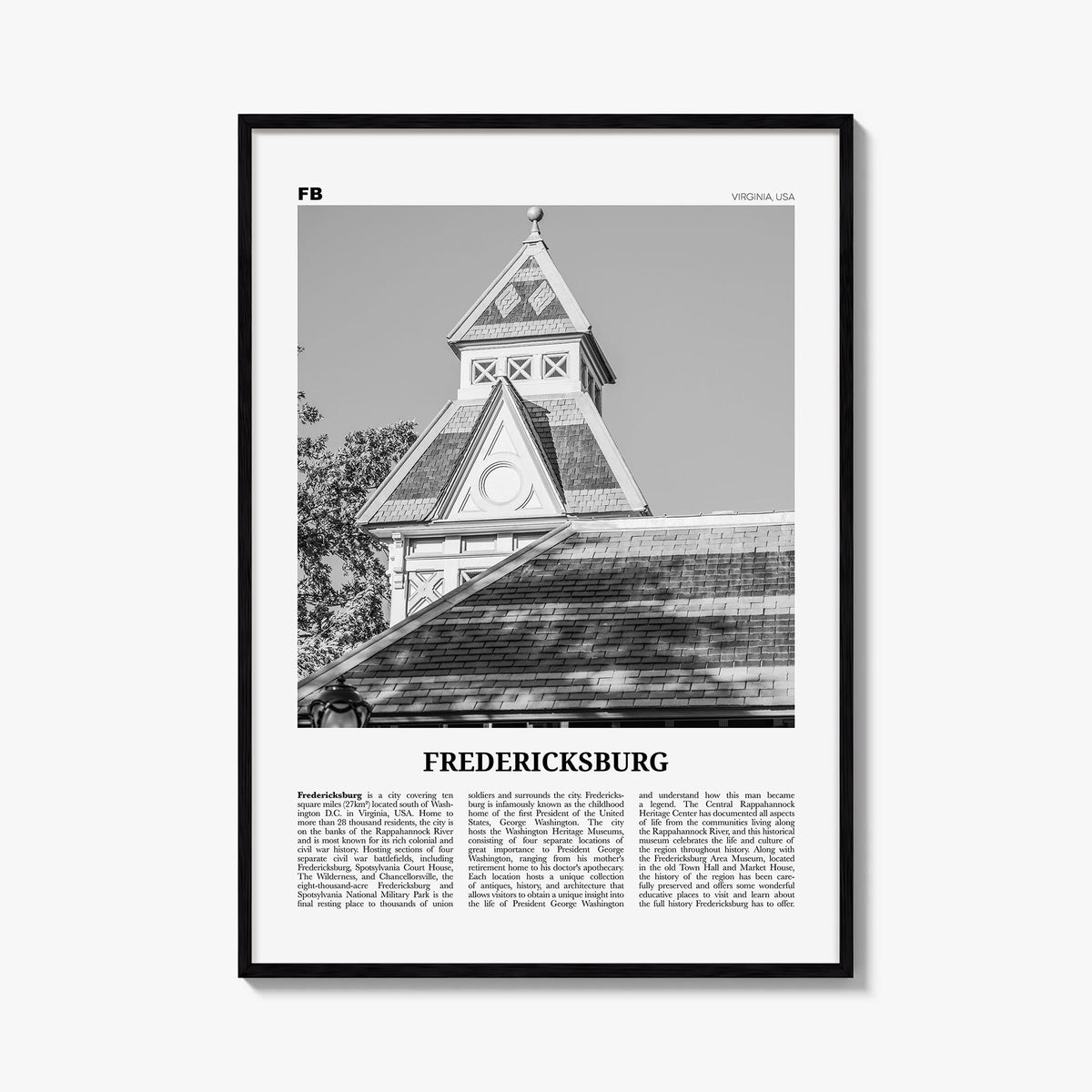 Fredericksburg black & white newspaper poster of Virginia, USA – vertical wall art, unframed print shown in interior mockup