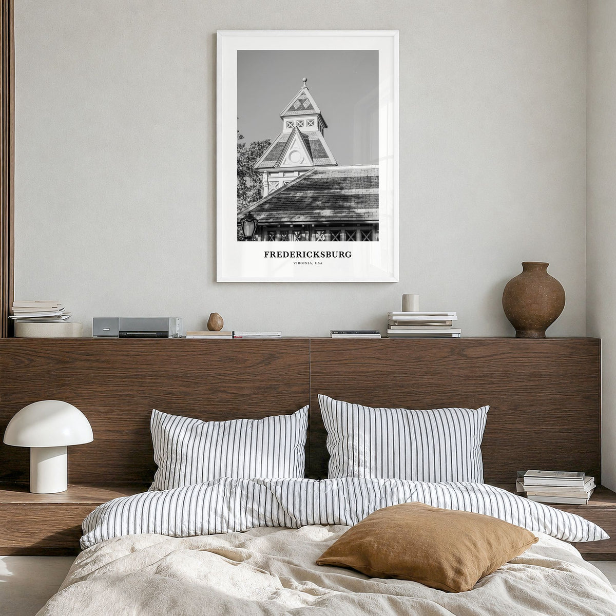 Fredericksburg, Virginia Classic Poster in a white wood frame, hanging in a bedroom