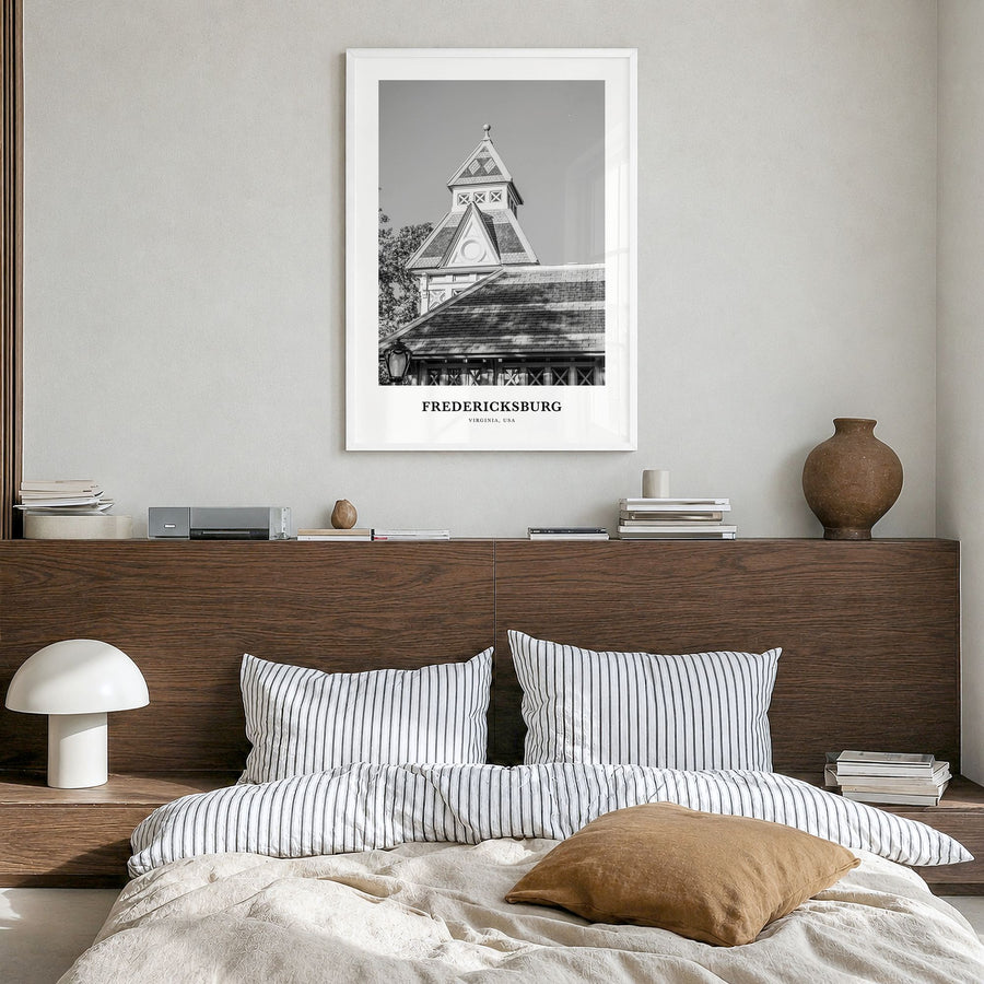 Fredericksburg, Virginia Classic Poster in a white wood frame, hanging in a bedroom