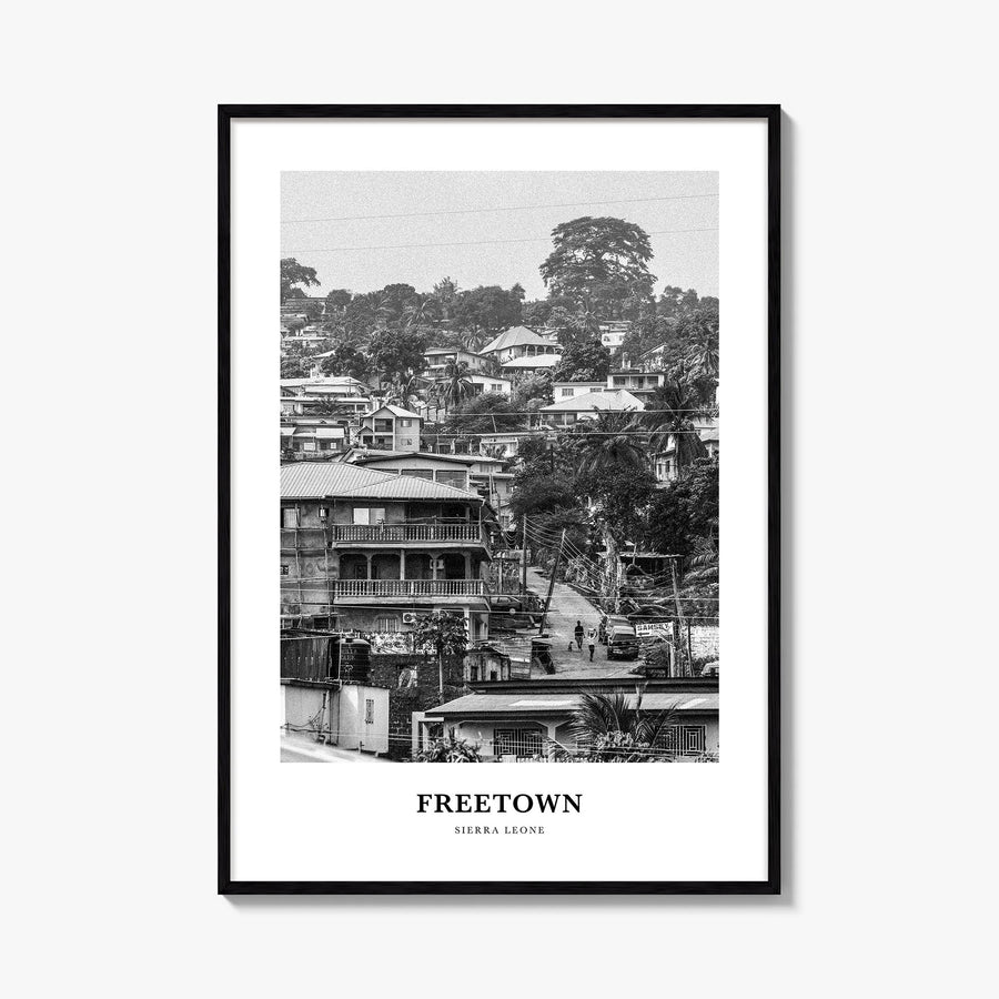 Freetown black & white classic poster of Sierra Leone – vertical wall art, unframed print shown in interior mockup