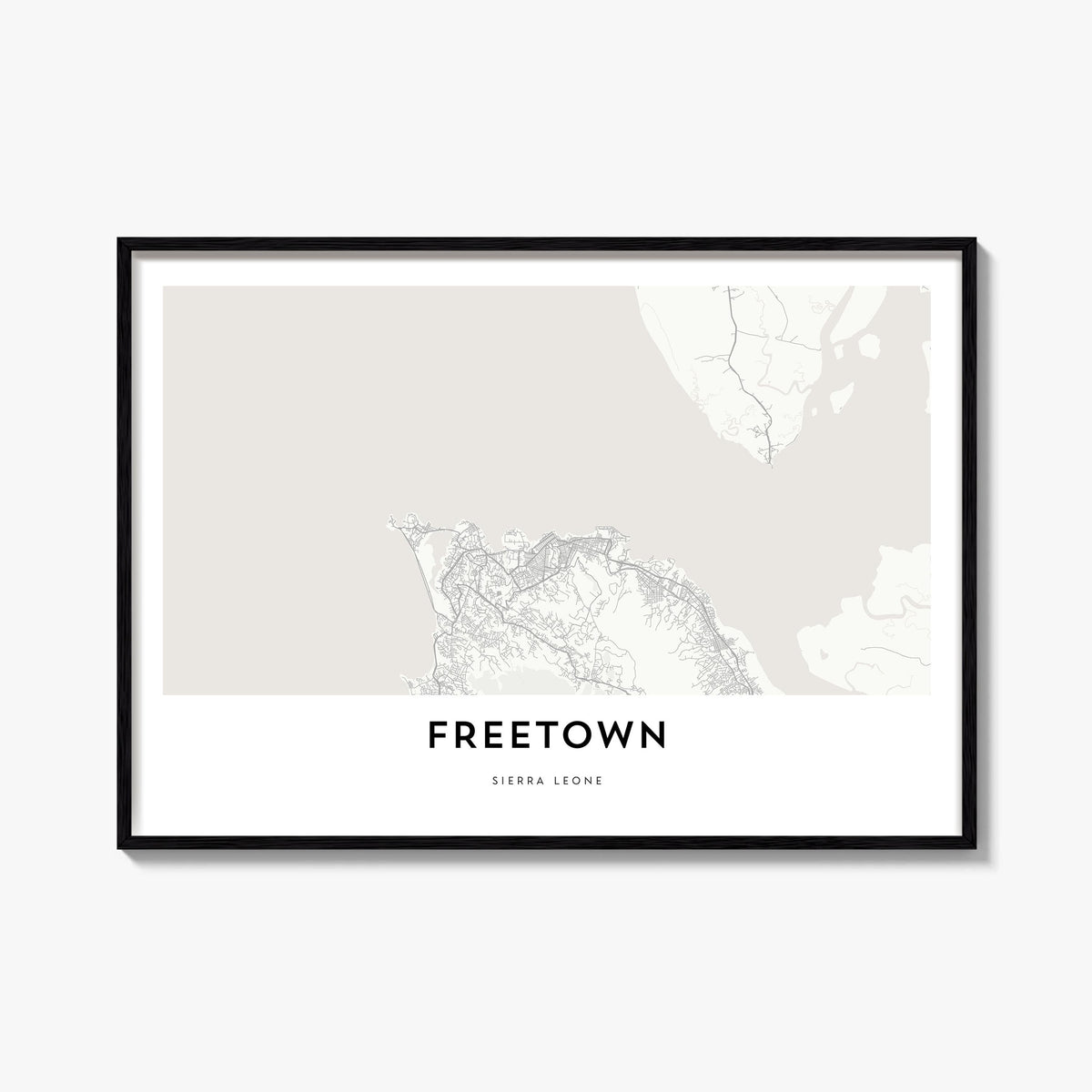 Freetown black & white map poster of Sierra Leone – horizontal wall art, unframed print shown in interior mockup