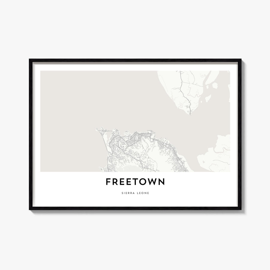Freetown black & white map poster of Sierra Leone – horizontal wall art, unframed print shown in interior mockup
