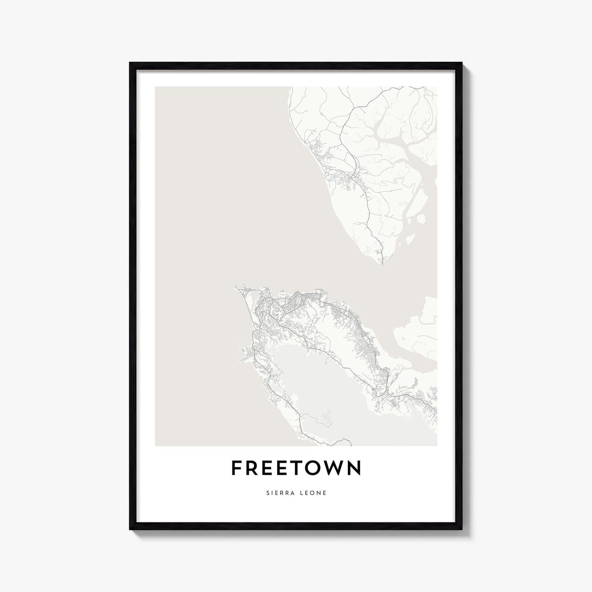 Freetown black & white map poster of Sierra Leone – vertical wall art, unframed print shown in interior mockup