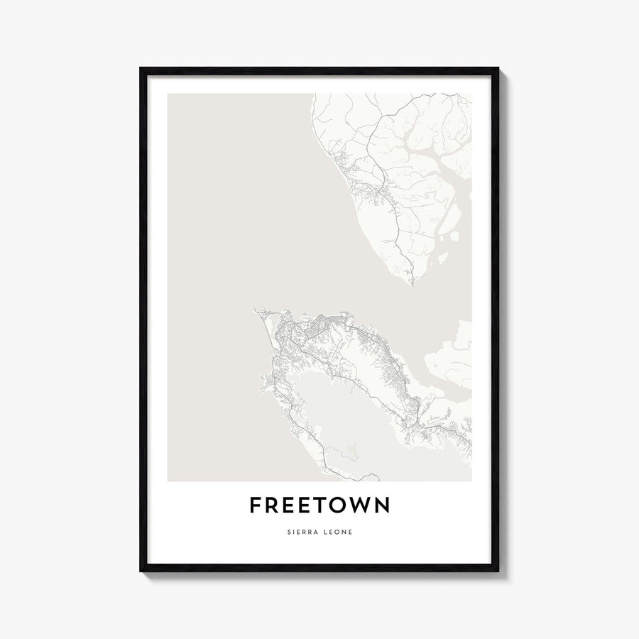 Freetown black & white map poster of Sierra Leone – vertical wall art, unframed print shown in interior mockup