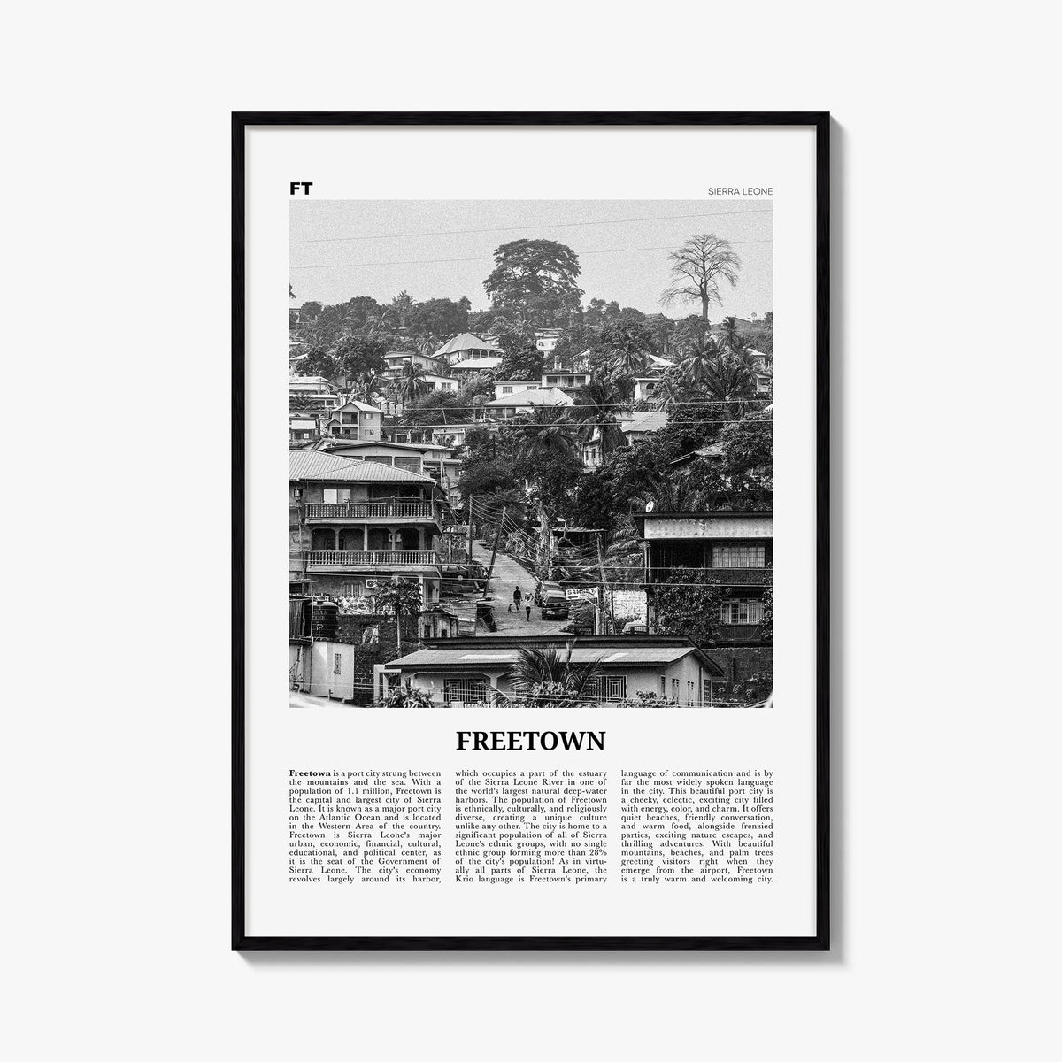 Freetown black & white newspaper poster of Sierra Leone – vertical wall art, unframed print shown in interior mockup