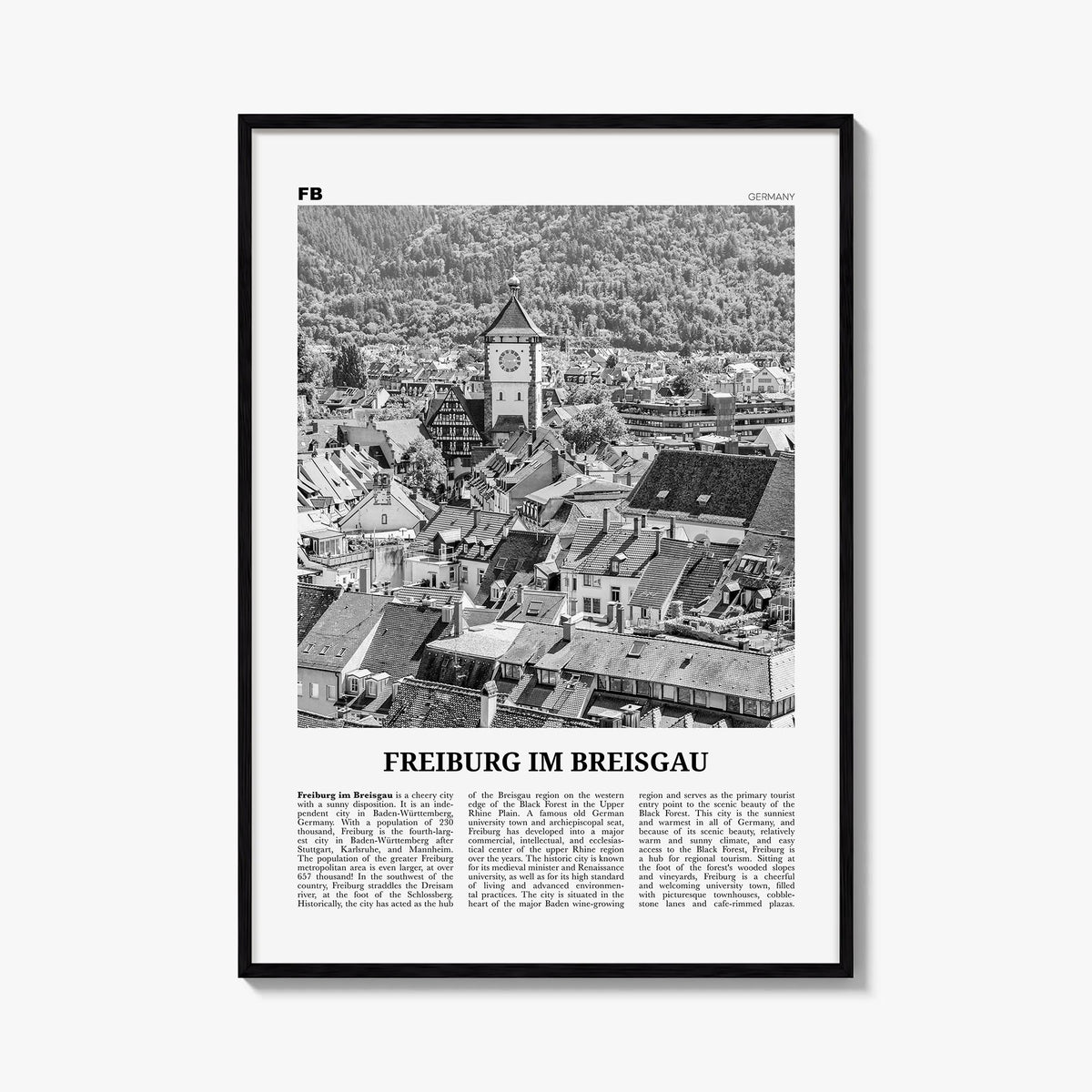 Freiburg im Breisgau black & white newspaper poster of Germany – vertical wall art, unframed print shown in interior mockup