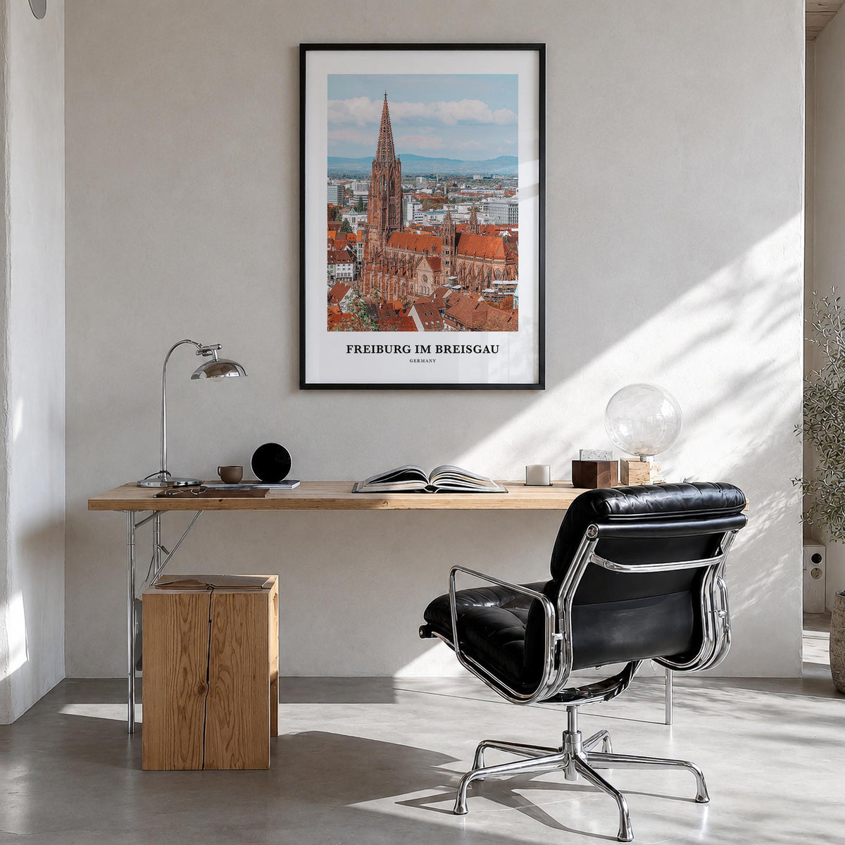 Freiburg im Breisgau no. 1 colorful classic poster of Germany – vertical wall art in black wood frame, hanging on wall