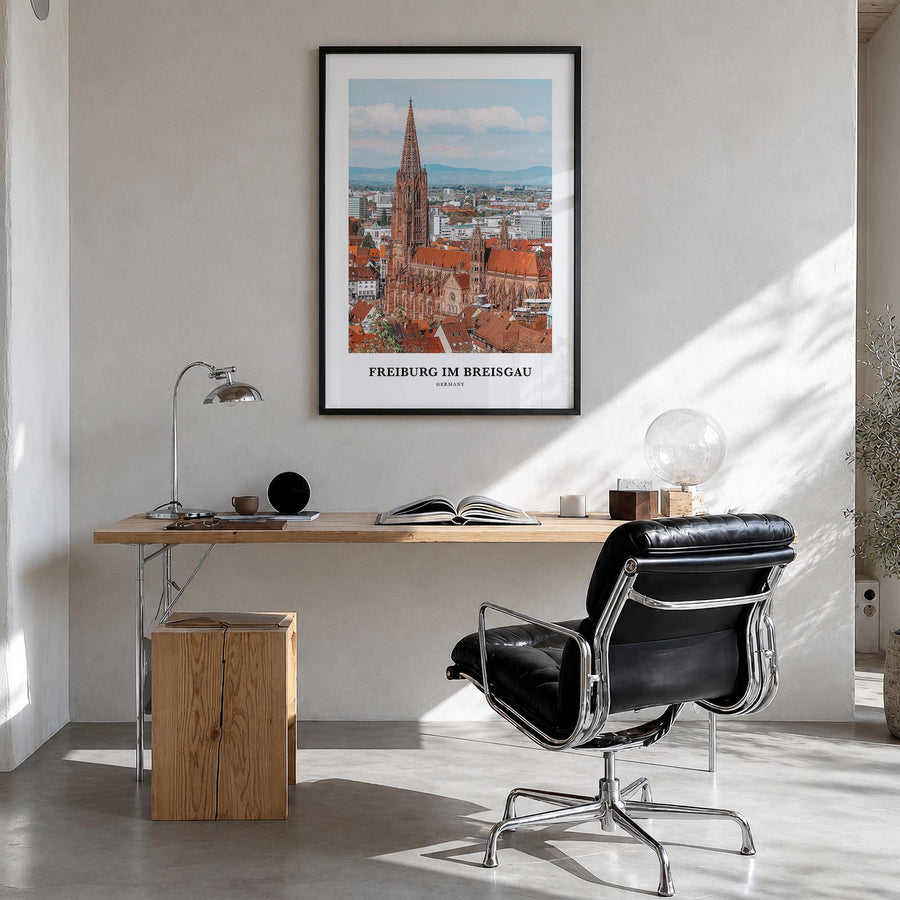 Freiburg im Breisgau no. 1 colorful classic poster of Germany – vertical wall art in black wood frame, hanging on wall