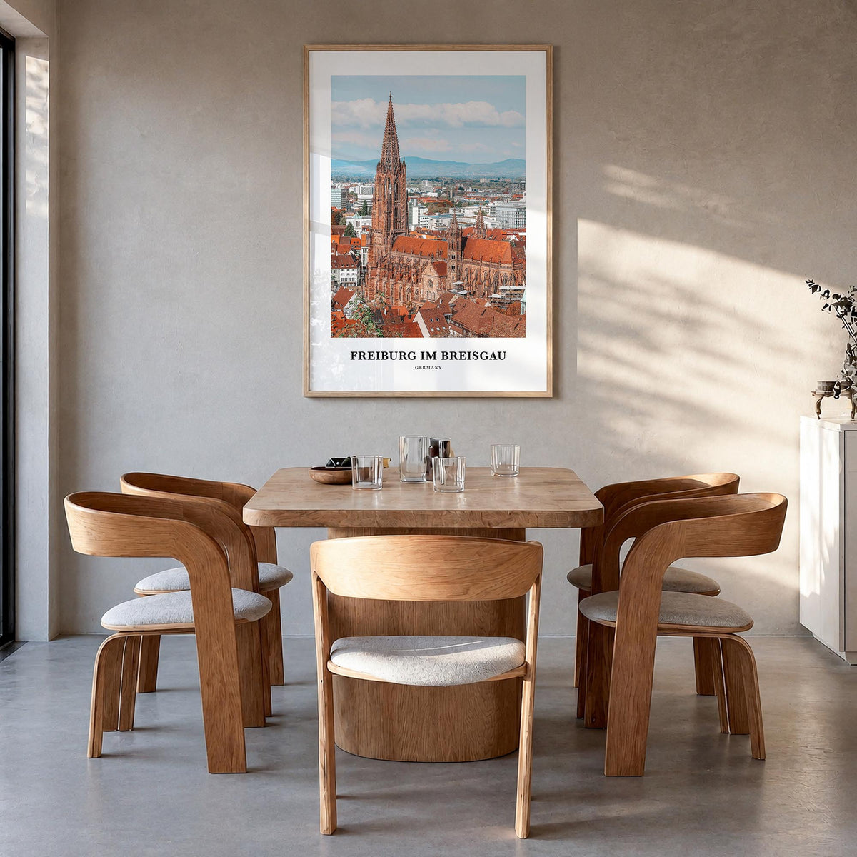 Freiburg im Breisgau no. 1 colorful classic poster of Germany – vertical wall art in natural wood frame, hanging on wall