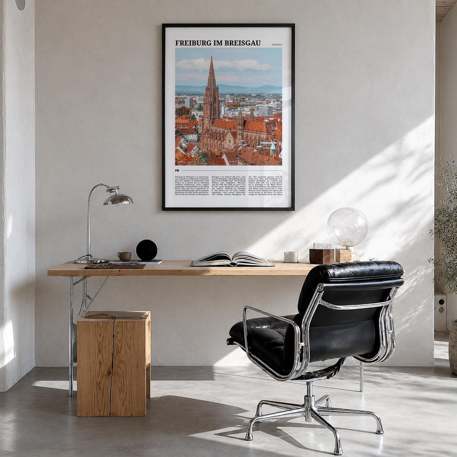 Freiburg im Breisgau no. 1 colorful travel poster of Germany – vertical wall art in black wood frame, hanging on wall