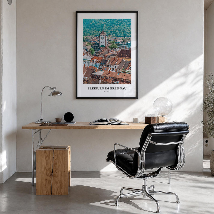 Freiburg im Breisgau no. 2 colorful classic poster of Germany – vertical wall art in black wood frame, hanging on wall