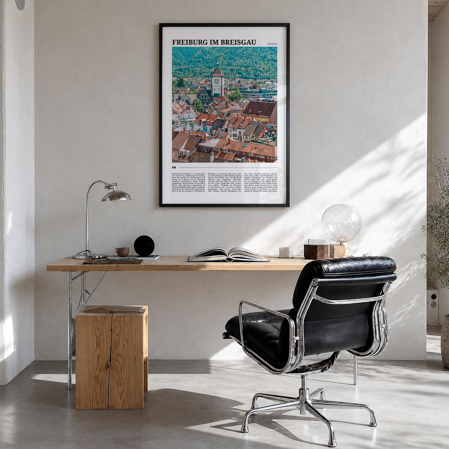 Freiburg im Breisgau no. 2 colorful travel poster of Germany – vertical wall art in black wood frame, hanging on wall