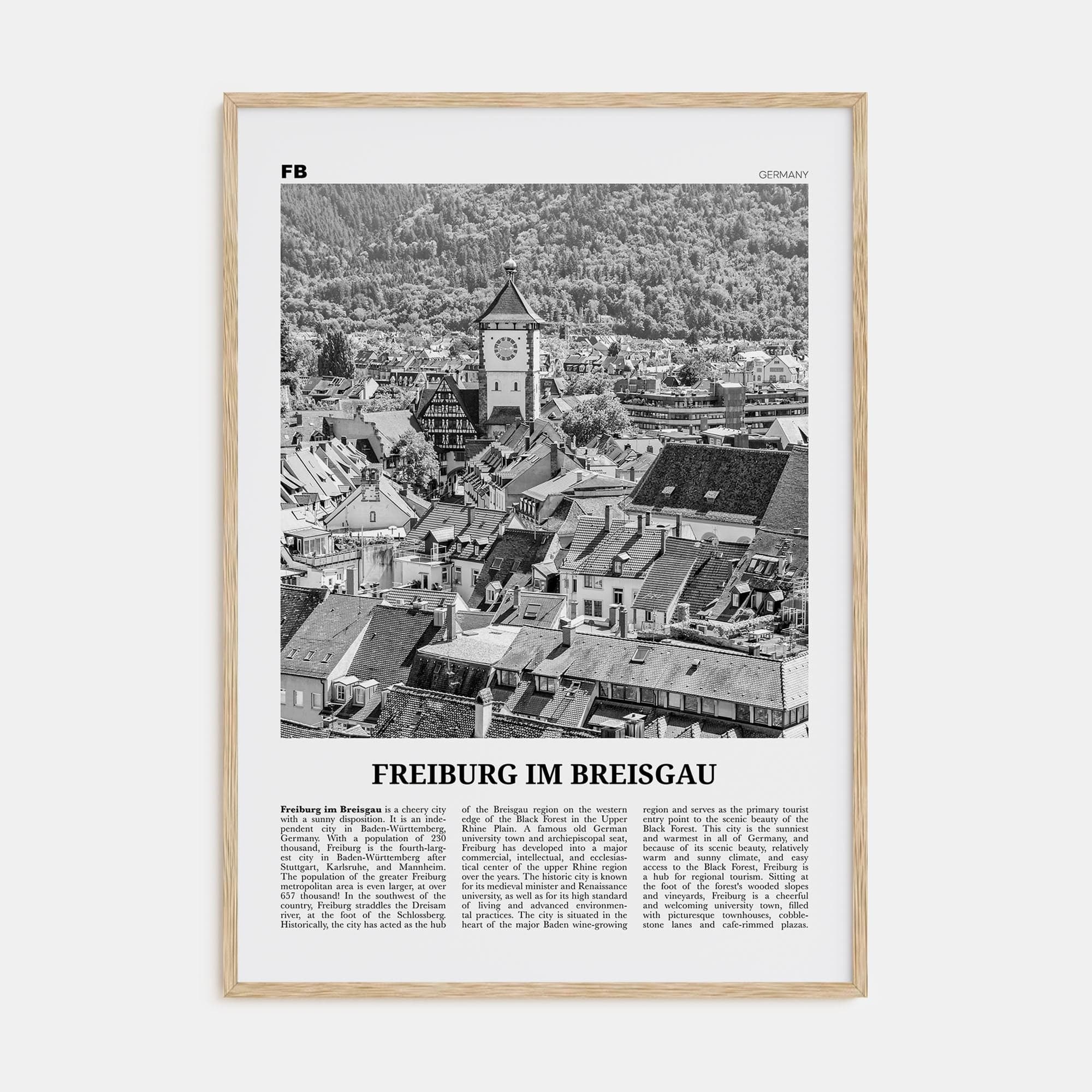 Freiburg im Breisgau Poster Natural Wood / 8x12 in Nbourhood Travel B&W Poster