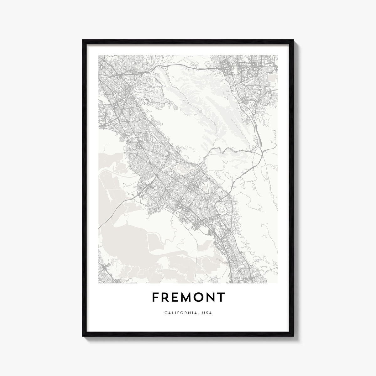 Fremont black & white map poster of California, USA – vertical wall art, unframed print shown in interior mockup