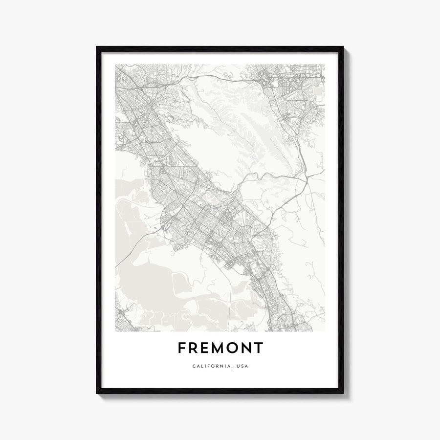 Fremont black & white map poster of California, USA – vertical wall art, unframed print shown in interior mockup