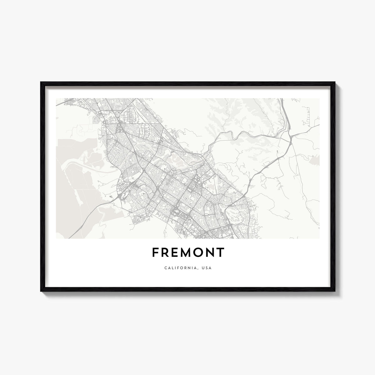 Fremont black & white map poster of California, USA – horizontal wall art, unframed print shown in interior mockup