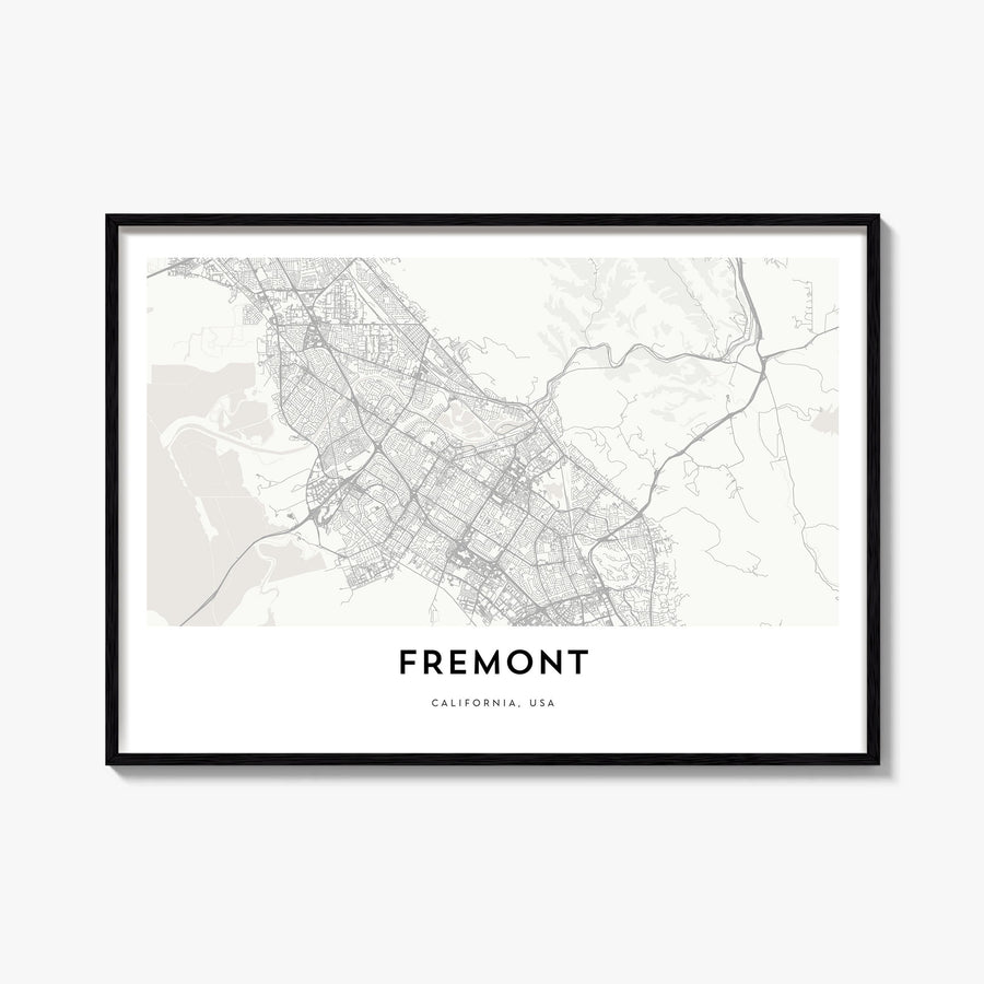 Fremont black & white map poster of California, USA – horizontal wall art, unframed print shown in interior mockup