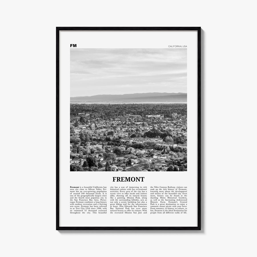 Fremont black & white newspaper poster of California, USA – vertical wall art, unframed print shown in interior mockup