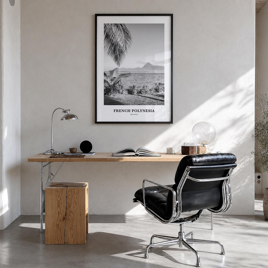 French Polynesia black & white classic poster of Oceania – vertical wall art in black wood frame, hanging on wall