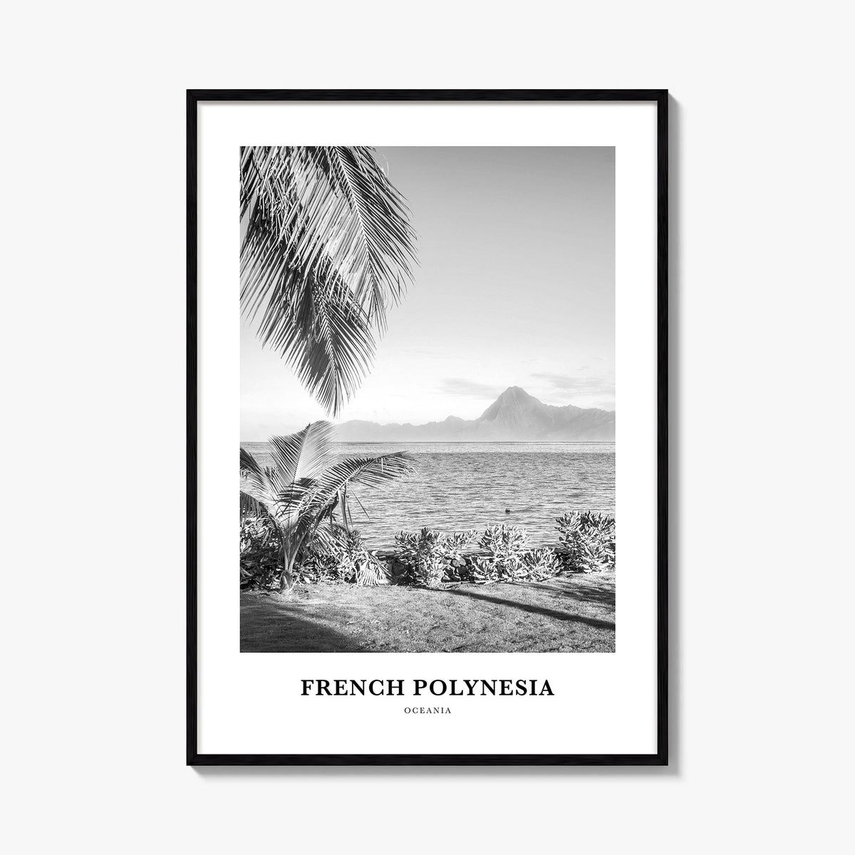 French Polynesia black & white classic poster of Oceania – vertical wall art, unframed print shown in interior mockup
