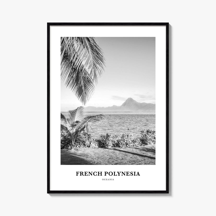 French Polynesia black & white classic poster of Oceania – vertical wall art, unframed print shown in interior mockup