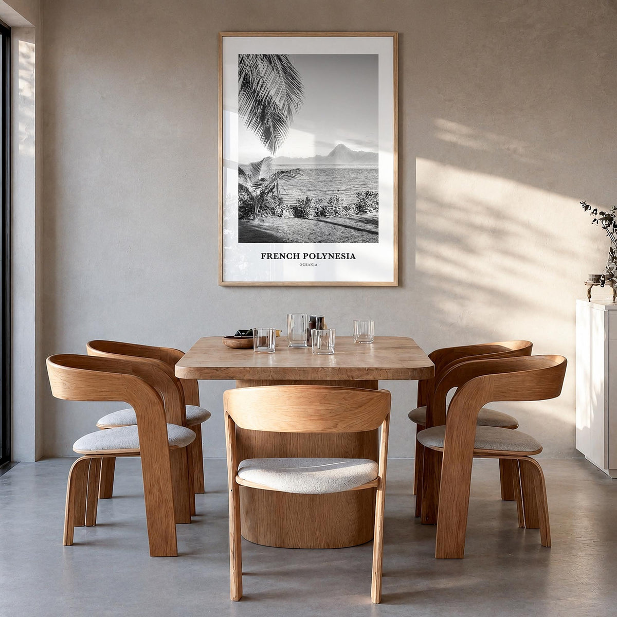 French Polynesia black & white classic poster of Oceania – vertical wall art in natural wood frame, hanging on wall