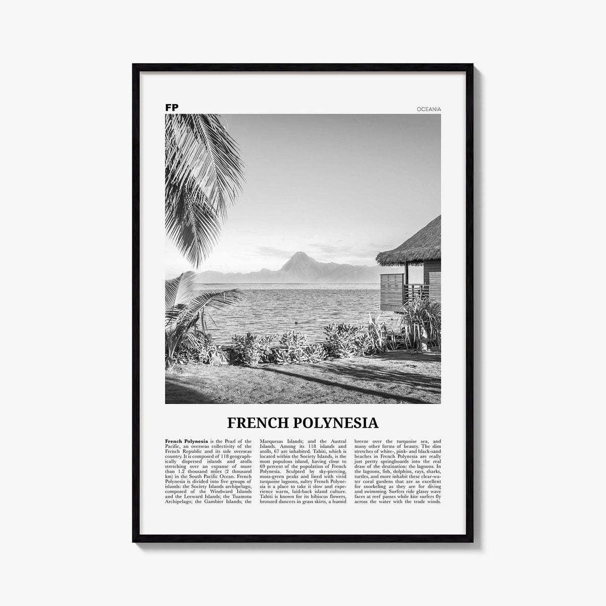 French Polynesia black & white newspaper poster of Oceania – vertical wall art, unframed print shown in interior mockup