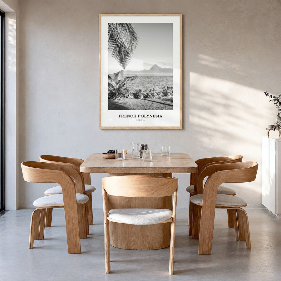 French Polynesia Classic Poster in a natural wood frame, hanging in a dining room