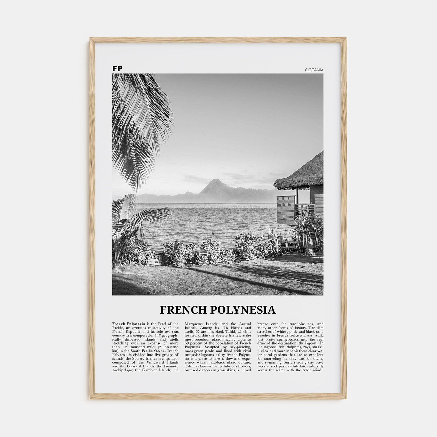 French Polynesia Poster Natural Wood / 8x12 in Nbourhood Travel B&W Poster