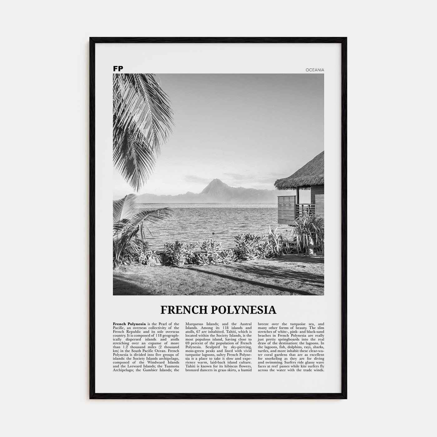 French Polynesia Poster Black Wood / 8x12 in Nbourhood Travel B&W Poster