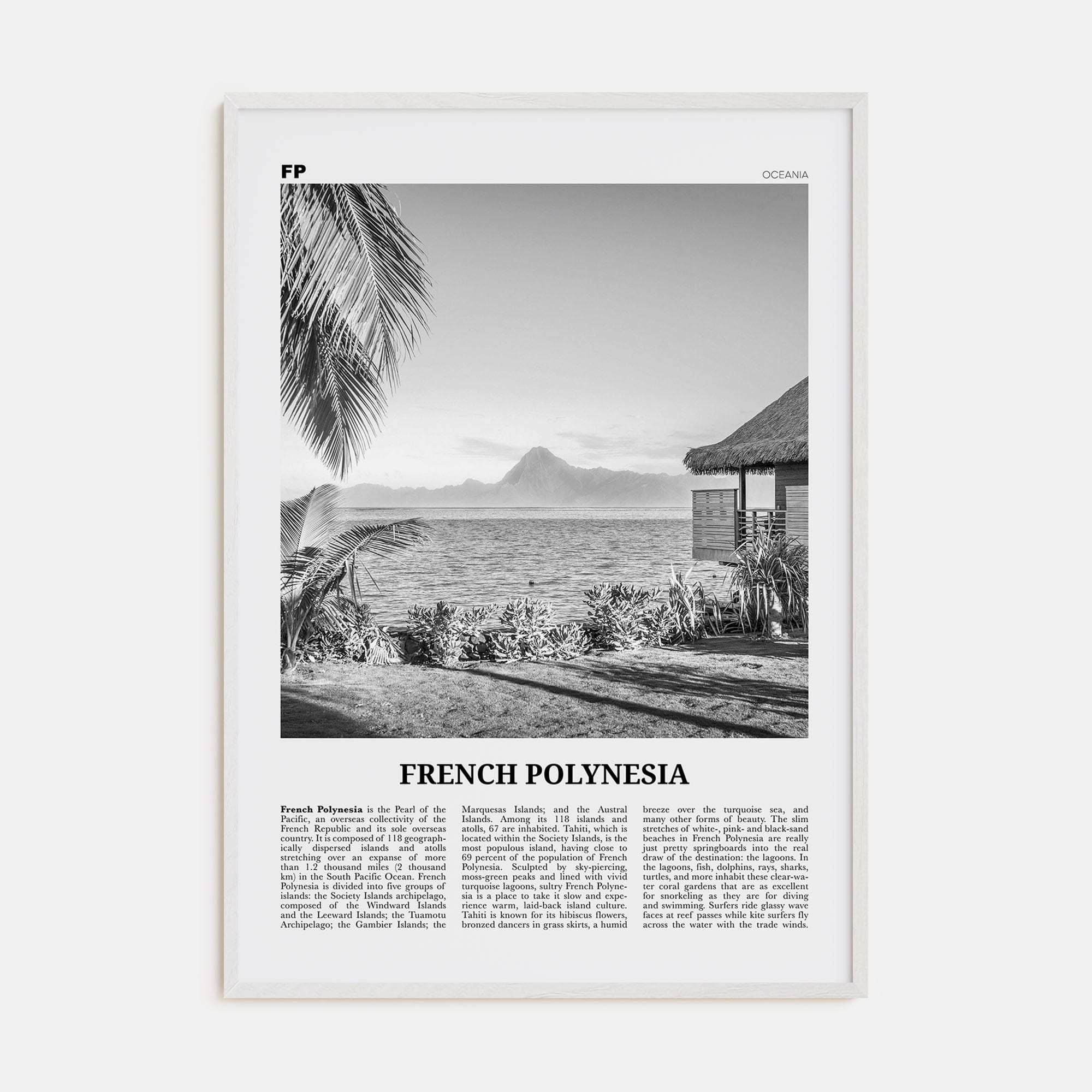 French Polynesia Poster White Wood / 8x12 in Nbourhood Travel B&W Poster