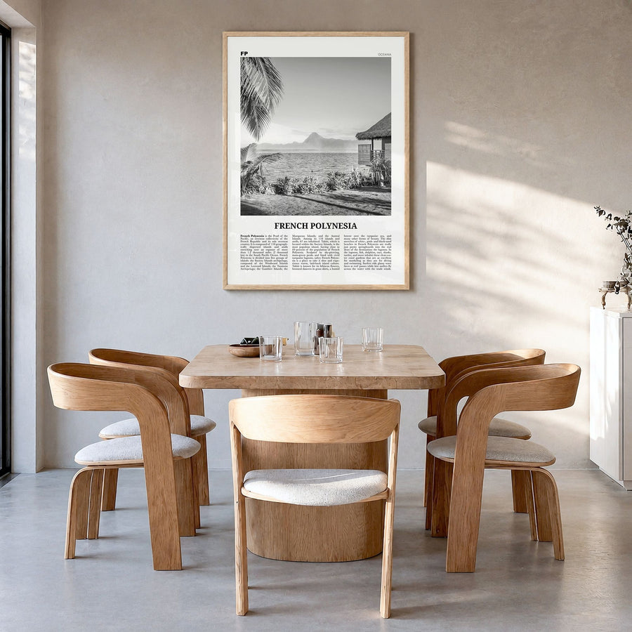 French Polynesia Newspaper Poster in a natural wood frame, hanging in a dining room