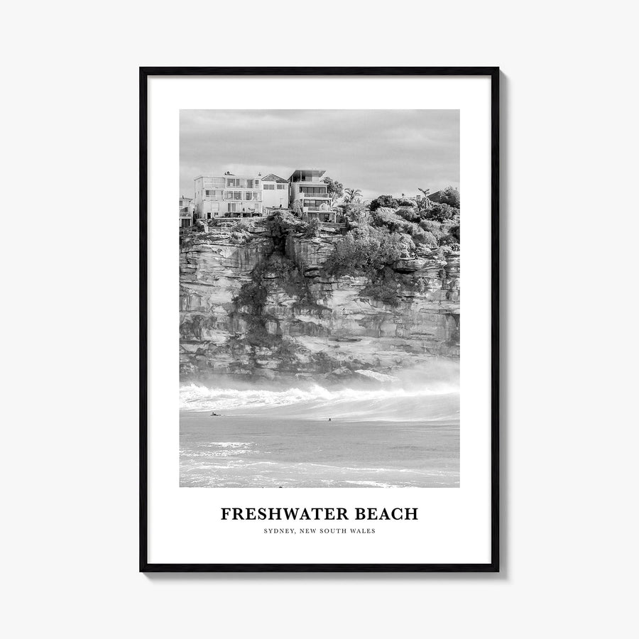 Freshwater Beach black & white classic poster of Australia – vertical wall art, unframed print shown in interior mockup
