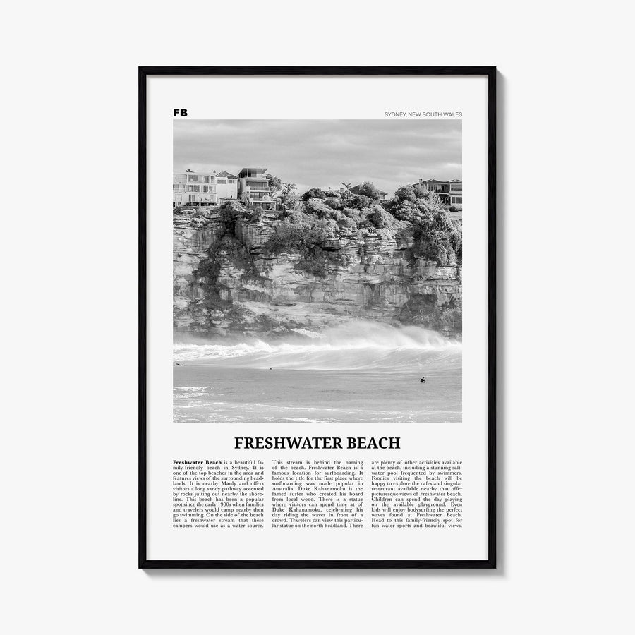 Freshwater Beach black & white newspaper poster of Australia – vertical wall art, unframed print shown in interior mockup