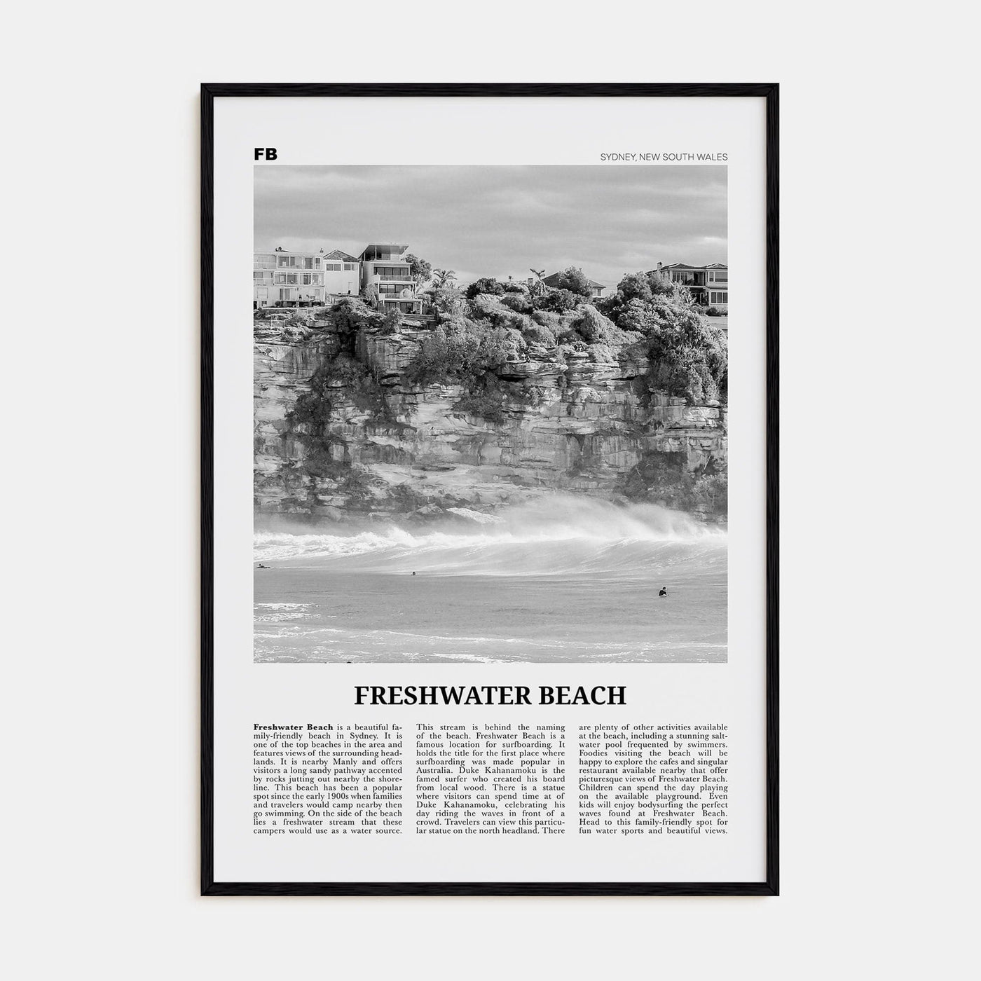 Freshwater Beach Poster Black Wood / 8x12 in Nbourhood Travel B&W Poster