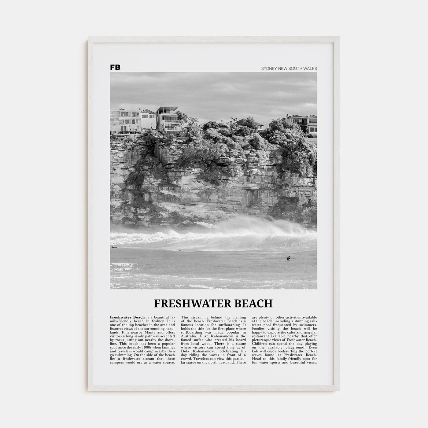 Freshwater Beach Poster White Wood / 8x12 in Nbourhood Travel B&W Poster